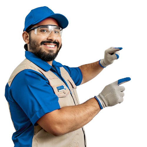 Técnico de Génesis Electric apuntando al formulario de contacto